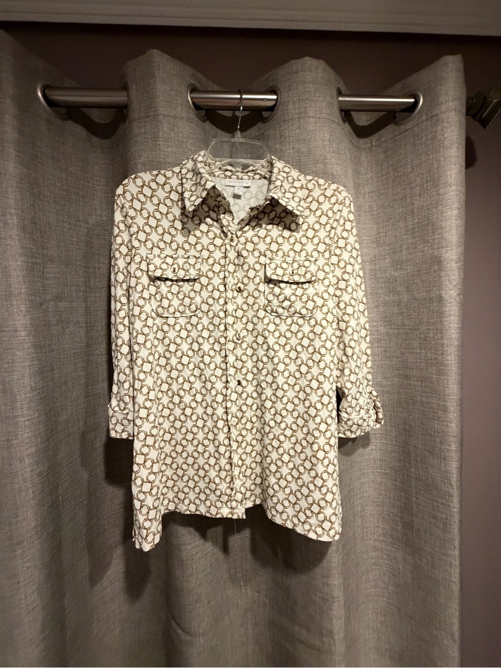 Charter Club Cream and Tan Printed Button-Down Shirt